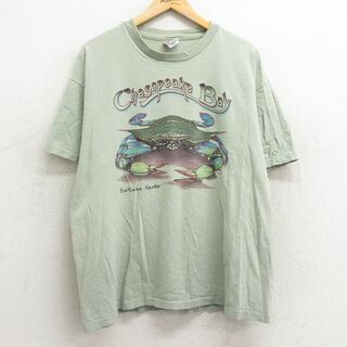 ヘインズ(Hanes)のXL★古着 ヘインズ Hanes 半袖 ビンテージ Tシャツ メンズ 00年代 00s カニ チェサピーク コットン クルーネック 薄緑 グリーン 24feb23 中古(Tシャツ/カットソー(半袖/袖なし))