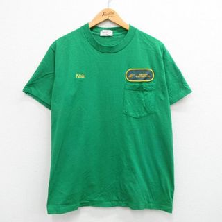 L★古着 Wear Guard 半袖 ビンテージ Tシャツ メンズ 90年代 90s アルカディア エレクトリカル 胸ポケット付き コットン クルーネック USA製 緑 グリーン 24feb24 中古(Tシャツ/カットソー(半袖/袖なし))