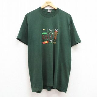 フルーツオブザルーム(FRUIT OF THE LOOM)のXL★古着 フルーツオブザルーム 半袖 ビンテージ Tシャツ メンズ 90年代 90s ゴルフ 刺繍 大きいサイズ クルーネック USA製 緑 グリーン 24feb24 中古(Tシャツ/カットソー(半袖/袖なし))