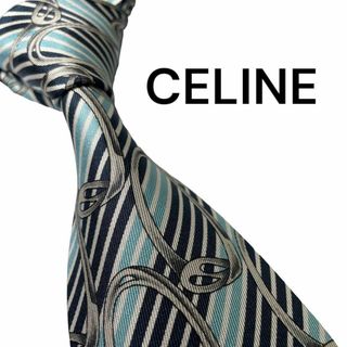 セリーヌ(celine)の660.美品　CELINE ネクタイ　ストライプ　総柄　マリンブルー　厚め(ネクタイ)