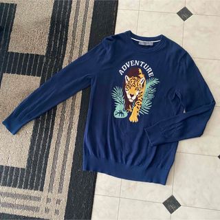 ジョルダーノ(GIORDANO)の美品 GIORDANO メンズ 長袖 ハイゲージアニマルデザインニット ネイビー(ニット/セーター)