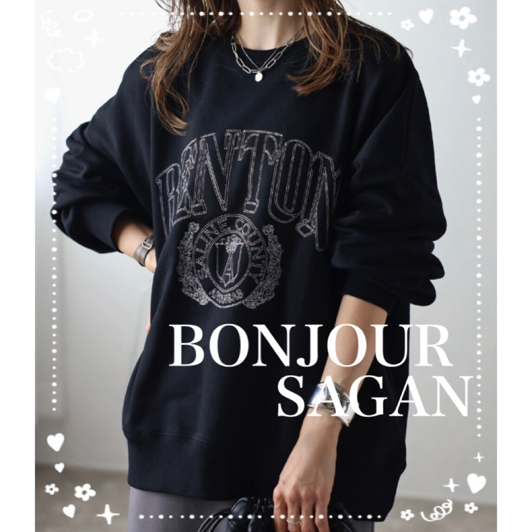 BONJOUR SAGAN(ボンジュールサガン)のBonjour sagan  白抜きカレッジロゴ刺繍BIGスウェット　ブラック レディースのトップス(トレーナー/スウェット)の商品写真