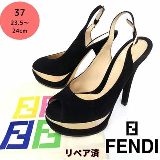 フェンディ(FENDI)の美品❤FENDI【フェンディ】プラットフォーム スエード ストラップパンプス 黒(ハイヒール/パンプス)