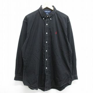 ラルフローレン(Ralph Lauren)のXL★古着 ラルフローレン Ralph Lauren ゴルフ 長袖 ブランド シャツ メンズ 90年代 90s ワンポイントロゴ TILDEN ロング丈 大きいサイズ コットン ボタンダウン 黒 ブラック ストライプ 24feb28 中古 トップス(シャツ)