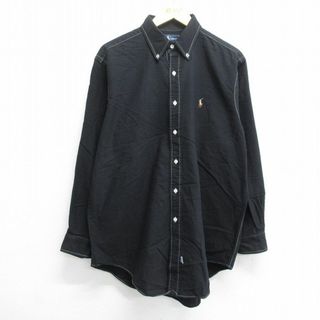 ラルフローレン(Ralph Lauren)のXL★古着 ラルフローレン Ralph Lauren 長袖 ブランド シャツ メンズ 90年代 90s ワンポイントロゴ オックスフォード ロング丈 大きいサイズ コットン ボタンダウン 黒 ブラック 24feb28 中古 トップス(シャツ)