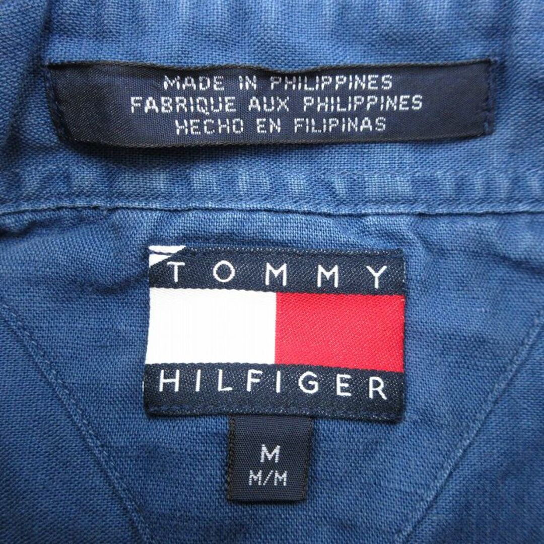 TOMMY HILFIGER(トミーヒルフィガー)のL★古着 トミーヒルフィガー TOMMY HILFIGER 半袖 ブランド シャツ メンズ 90年代 90s ワンポイントロゴ リネン ボタンダウン 紺 ネイビー 【spe】 24feb26 中古 トップス メンズのトップス(シャツ)の商品写真