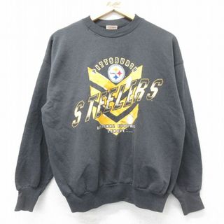 ヘインズ(Hanes)のL★古着 ヘインズ Hanes 長袖 スウェット メンズ 90年代 90s NFL ピッツバーグスティーラーズ クルーネック 黒 ブラック アメフト スーパーボウル 【spe】 24feb26 中古 スエット トレーナー トップス(パーカー)