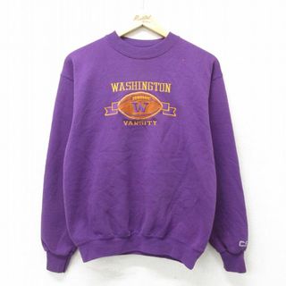 M★古着 長袖 スウェット メンズ 90年代 90s ワシントン 刺繍 クルーネック USA製 紫 パープル 24feb27 中古 スエット トレーナー トップス(パーカー)