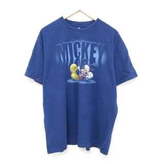 ディズニー(Disney)のXL★古着 半袖 Tシャツ メンズ ディズニー DISNEY ミッキー MICKEY MOUSE 大きいサイズ コットン クルーネック 紺 ネイビー 24feb26 中古(Tシャツ/カットソー(半袖/袖なし))