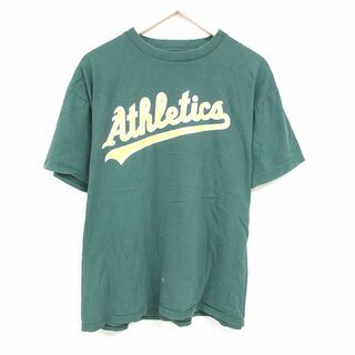 マジェスティック(Majestic)のXL★古着 マジェスティック 半袖 Tシャツ メンズ MLB オークランドアスレチックス 大きいサイズ コットン クルーネック 緑 グリーン メジャーリーグ ベースボール 野球 24feb27 中古(Tシャツ/カットソー(半袖/袖なし))