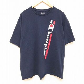 チャンピオン(Champion)のXL★古着 チャンピオン Champion 半袖 Tシャツ メンズ ビッグロゴ 大きいサイズ コットン クルーネック 紺 ネイビー 24feb27 中古(Tシャツ/カットソー(半袖/袖なし))