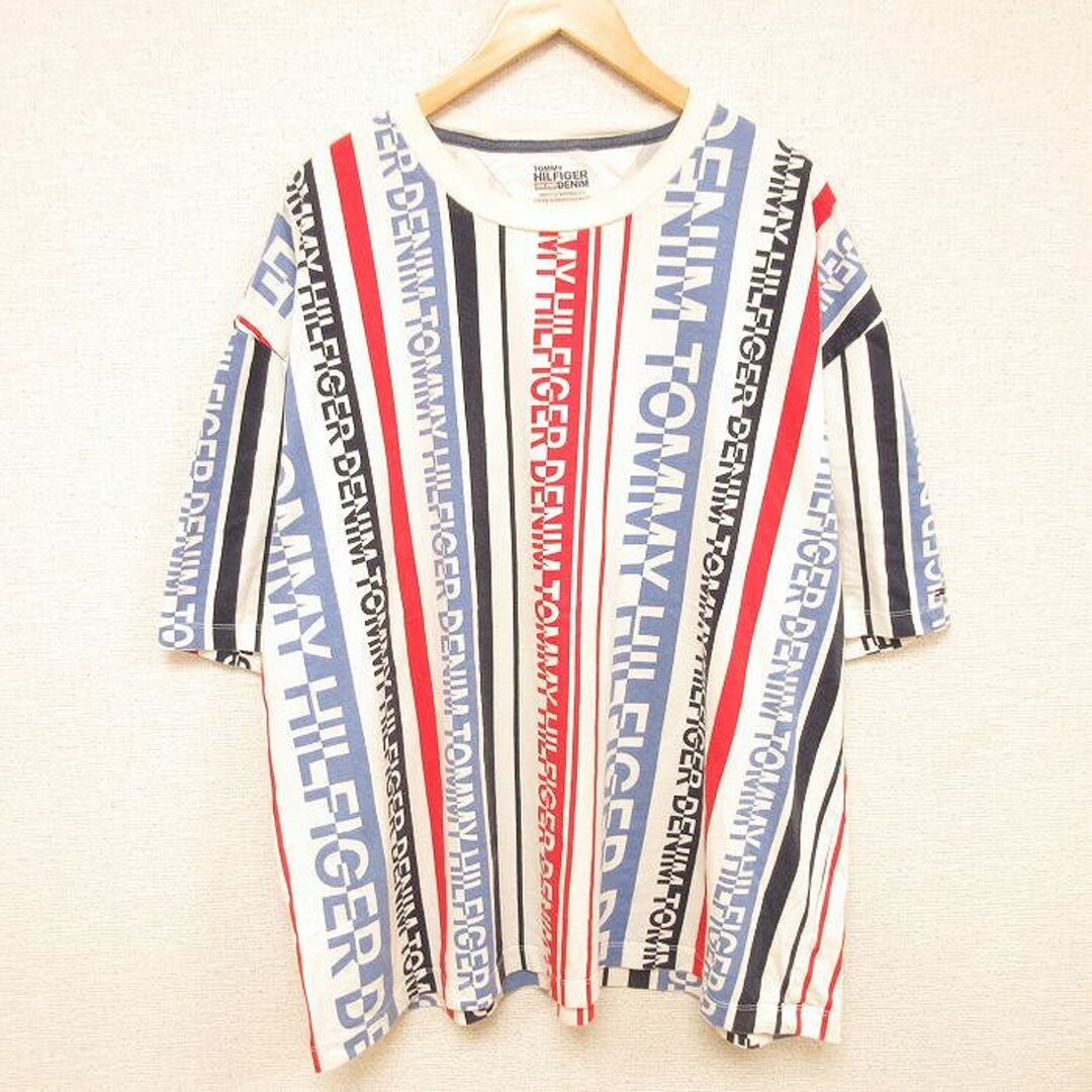 TOMMY HILFIGER(トミーヒルフィガー)のXL★古着 トミーヒルフィガー TOMMY HILFIGER 半袖 ブランド Tシャツ メンズ 全面プリント 大きいサイズ コットン クルーネック 白他 ホワイト 24feb27 中古 メンズのトップス(Tシャツ/カットソー(半袖/袖なし))の商品写真