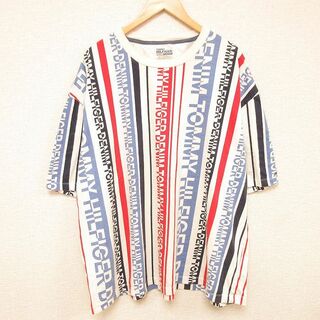 トミーヒルフィガー(TOMMY HILFIGER)のXL★古着 トミーヒルフィガー TOMMY HILFIGER 半袖 ブランド Tシャツ メンズ 全面プリント 大きいサイズ コットン クルーネック 白他 ホワイト 24feb27 中古(Tシャツ/カットソー(半袖/袖なし))