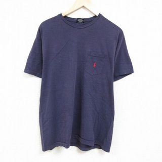 ラルフローレン(Ralph Lauren)のXL★古着 ラルフローレン Ralph Lauren 半袖 ブランド Tシャツ メンズ 90年代 90s ワンポイントロゴ 胸ポケット付き コットン クルーネック 紺 ネイビー 24feb27 中古(Tシャツ/カットソー(半袖/袖なし))