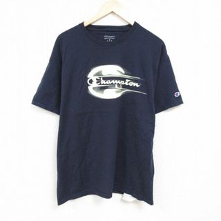 チャンピオン(Champion)のXL★古着 チャンピオン Champion 半袖 ブランド Tシャツ メンズ ビッグロゴ 大きいサイズ コットン クルーネック 紺 ネイビー 24feb27 中古(Tシャツ/カットソー(半袖/袖なし))