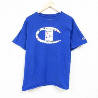 チャンピオン(Champion)のXL★古着 チャンピオン Champion 半袖 ブランド Tシャツ メンズ ビッグロゴ クルーネック 青 ブルー 24feb27 中古(Tシャツ/カットソー(半袖/袖なし))