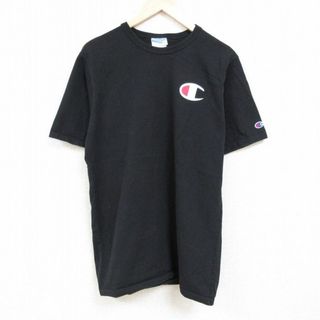 チャンピオン(Champion)のL★古着 チャンピオン Champion 半袖 ブランド Tシャツ メンズ ワンポイントロゴ コットン クルーネック 黒 ブラック 24feb27 中古(Tシャツ/カットソー(半袖/袖なし))