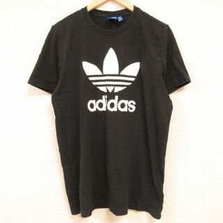 アディダス(adidas)のL★古着 アディダス adidas 半袖 Tシャツ メンズ ビッグロゴ リーフ トレフォイル コットン クルーネック 黒 ブラック 24feb28 中古(Tシャツ/カットソー(半袖/袖なし))