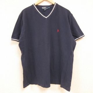 ラルフローレン(Ralph Lauren)のXL★古着 ラルフローレン Ralph Lauren 半袖 ブランド Tシャツ メンズ ワンポイント 鹿の子 大きいサイズ コットン Vネック 濃紺 ネイビー 24feb28 中古(Tシャツ/カットソー(半袖/袖なし))