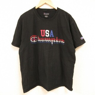 チャンピオン(Champion)のXL★古着 チャンピオン Champion 半袖 Tシャツ メンズ ビッグロゴ USAロゴ コットン クルーネック 黒 ブラック 24feb28 中古(Tシャツ/カットソー(半袖/袖なし))