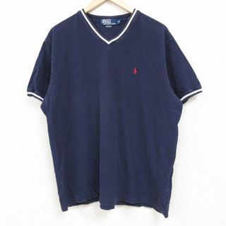 ラルフローレン(Ralph Lauren)のXL★古着 ラルフローレン Ralph Lauren 半袖 ブランド Tシャツ メンズ 90年代 90s ワンポイントロゴ 鹿の子 コットン Vネック 濃紺 ネイビー 【spe】 24feb28 中古(Tシャツ/カットソー(半袖/袖なし))