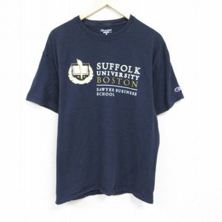 XL★古着 チャンピオン Champion 半袖 ブランド Tシャツ メンズ サフォーク 大学 大きいサイズ クルーネック 紺 ネイビー 24feb28 中古