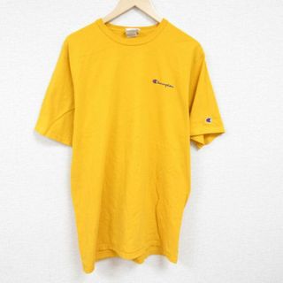 チャンピオン(Champion)のXL★古着 チャンピオン Champion 半袖 ブランド Tシャツ メンズ ワンポイントロゴ コットン クルーネック 濃黄 イエロー 24feb28 中古(Tシャツ/カットソー(半袖/袖なし))