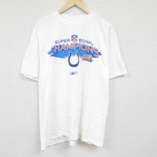 リーボック(Reebok)のXL★古着 リーボック REEBOK 半袖 ブランド Tシャツ メンズ NFL 大きいサイズ コットン クルーネック 白 ホワイト アメフト スーパーボウル 24feb28 中古(Tシャツ/カットソー(半袖/袖なし))