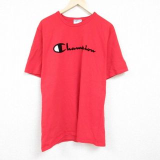 チャンピオン(Champion)のXL★古着 チャンピオン Champion 半袖 ブランド Tシャツ メンズ ビッグロゴ フロッキープリント 大きいサイズ コットン クルーネック 赤 レッド 24feb28 中古(Tシャツ/カットソー(半袖/袖なし))