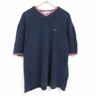 トミーヒルフィガー(TOMMY HILFIGER)のXL★古着 トミーヒルフィガー TOMMY HILFIGER 半袖 ブランド Tシャツ メンズ 90年代 90s ワンポイントロゴ 大きいサイズ コットン Vネック 紺 ネイビー 24feb28 中古(Tシャツ/カットソー(半袖/袖なし))