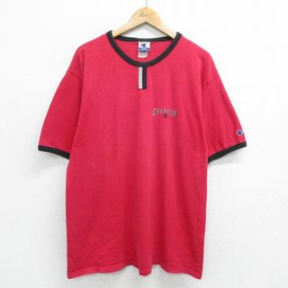 チャンピオン(Champion)のXL★古着 チャンピオン champion 半袖 ビンテージ Tシャツ メンズ 00年代 00s ワンポイントロゴ チョコチン クルーネック 赤他 レッド リンガー 【spe】 24feb26 中古(Tシャツ/カットソー(半袖/袖なし))