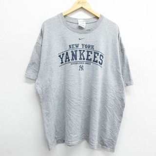 ナイキ(NIKE)のXL★古着 ナイキ NIKE 半袖 ビンテージ Tシャツ メンズ 00年代 00s ワンポイントロゴ MLB ニューヨークヤンキース 大きいサイズ クルーネック グレー 霜降り メジャーリーグ ベースボール 野球 24feb26 中古(Tシャツ/カットソー(半袖/袖なし))