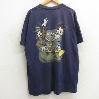 ディズニー(Disney)のXL★古着 半袖 ビンテージ Tシャツ メンズ 90年代 90s ディズニー DISNEY ミッキー MICKEY MOUSE ドナルド グーフィー 大きいサイズ クルーネック 紺 ネイビー 24feb26 中古(Tシャツ/カットソー(半袖/袖なし))