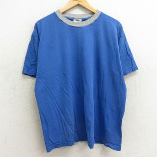 アディダス(adidas)のXL★古着 アディダス adidas 半袖 ビンテージ Tシャツ メンズ 90年代 90s 無地 クルーネック カナダ製 青 ブルー 24feb26 中古(Tシャツ/カットソー(半袖/袖なし))