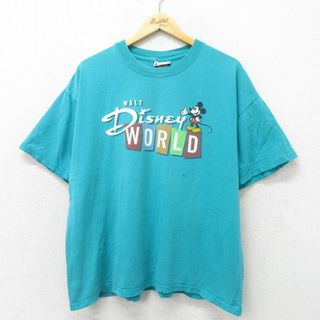 ディズニー(Disney)のXL★古着 半袖 ビンテージ Tシャツ メンズ 00年代 00s ディズニー DISNEY ミッキー MICKEY MOUSE 大きいサイズ コットン クルーネック 青緑 24feb27 中古(Tシャツ/カットソー(半袖/袖なし))