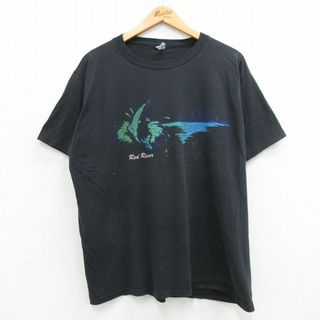 XL★古着 半袖 ビンテージ Tシャツ メンズ 80年代 80s 魚 レッドリバー クルーネック USA製 黒 ブラック 24feb27 中古(Tシャツ/カットソー(半袖/袖なし))