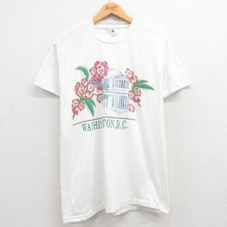 L★古着 半袖 ビンテージ Tシャツ メンズ 90年代 90s ワシントンDC 花 コットン クルーネック USA製 白 ホワイト 24feb28 中古(Tシャツ/カットソー(半袖/袖なし))