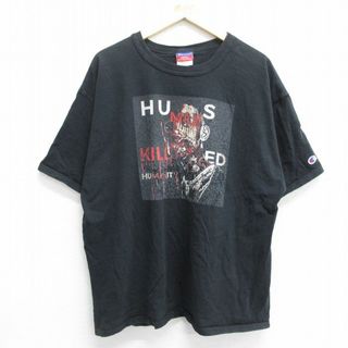 チャンピオン(Champion)のXL★古着 チャンピオン champion 半袖 ビンテージ Tシャツ メンズ 00年代 00s HUMANS 人 大きいサイズ コットン クルーネック 黒 ブラック 24feb28 中古(Tシャツ/カットソー(半袖/袖なし))