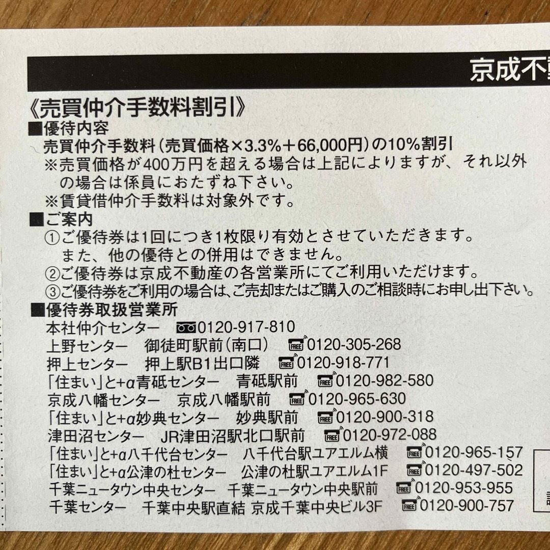 京成不動産 売買仲介手数料割引券 リフォーム工事代金割引券 チケットの優待券/割引券(その他)の商品写真