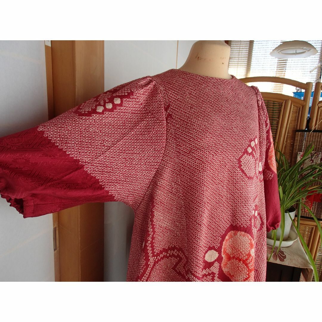 ハンドメイド 着物リメイク 正絹 総絞り ワンピース チュニック ハンドメイド 着物リメイク 正絹 総絞り ワンピース チュニック