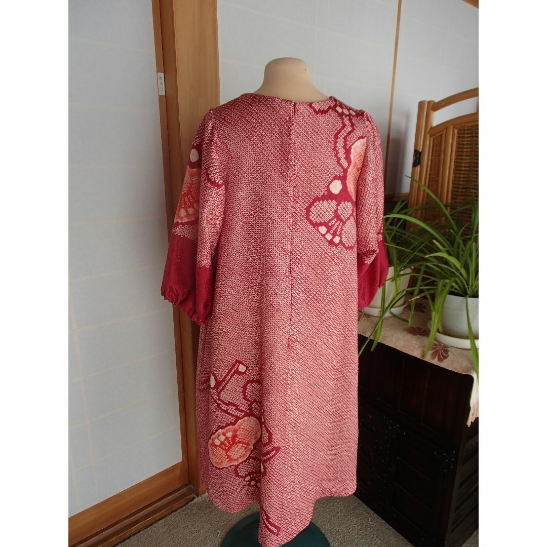 ハンドメイド 着物リメイク 正絹 総絞り ワンピース チュニック ハンドメイド 着物リメイク 正絹 総絞り ワンピース チュニック