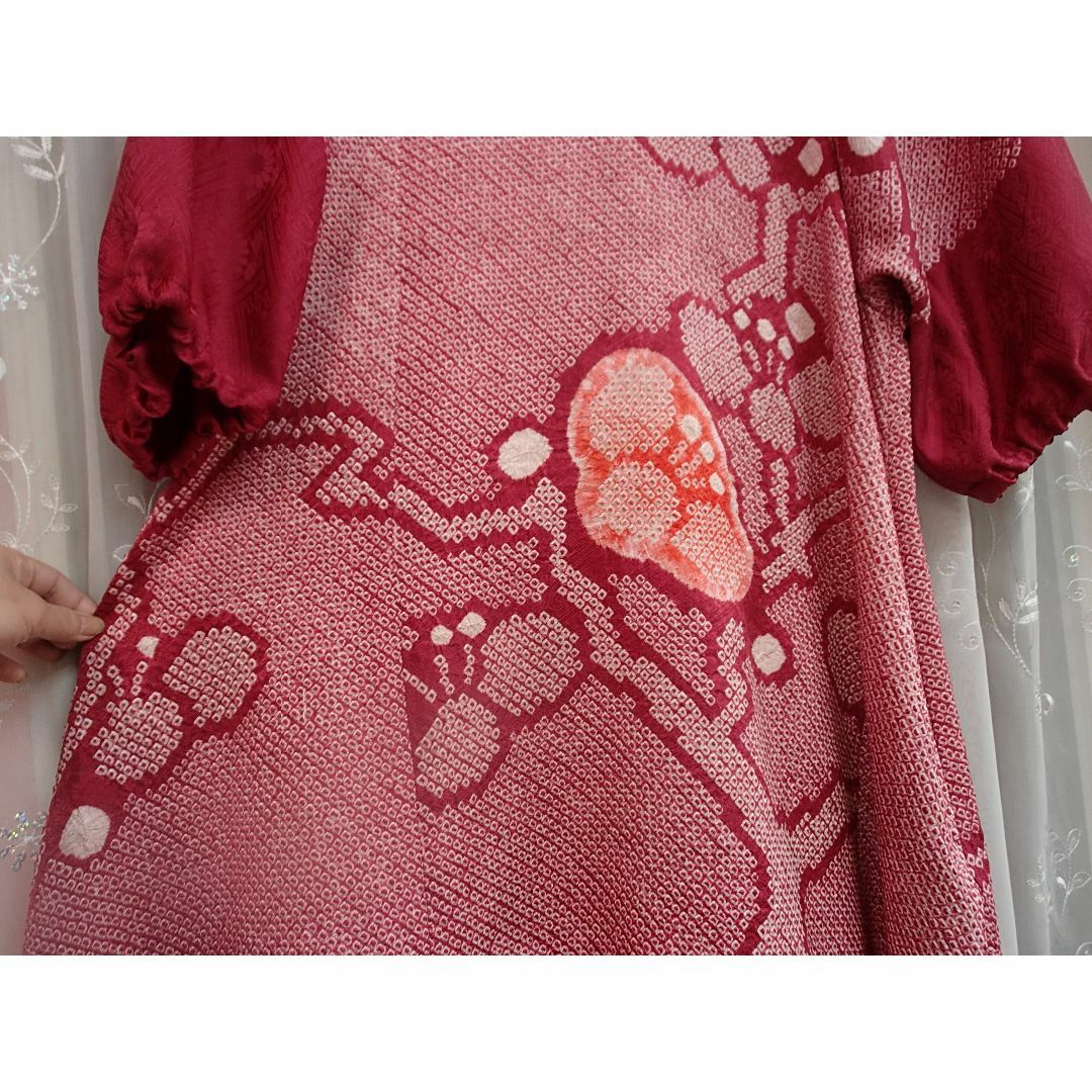 ハンドメイド 着物リメイク 正絹 総絞り ワンピース チュニック ハンドメイド 着物リメイク 正絹 総絞り ワンピース チュニック