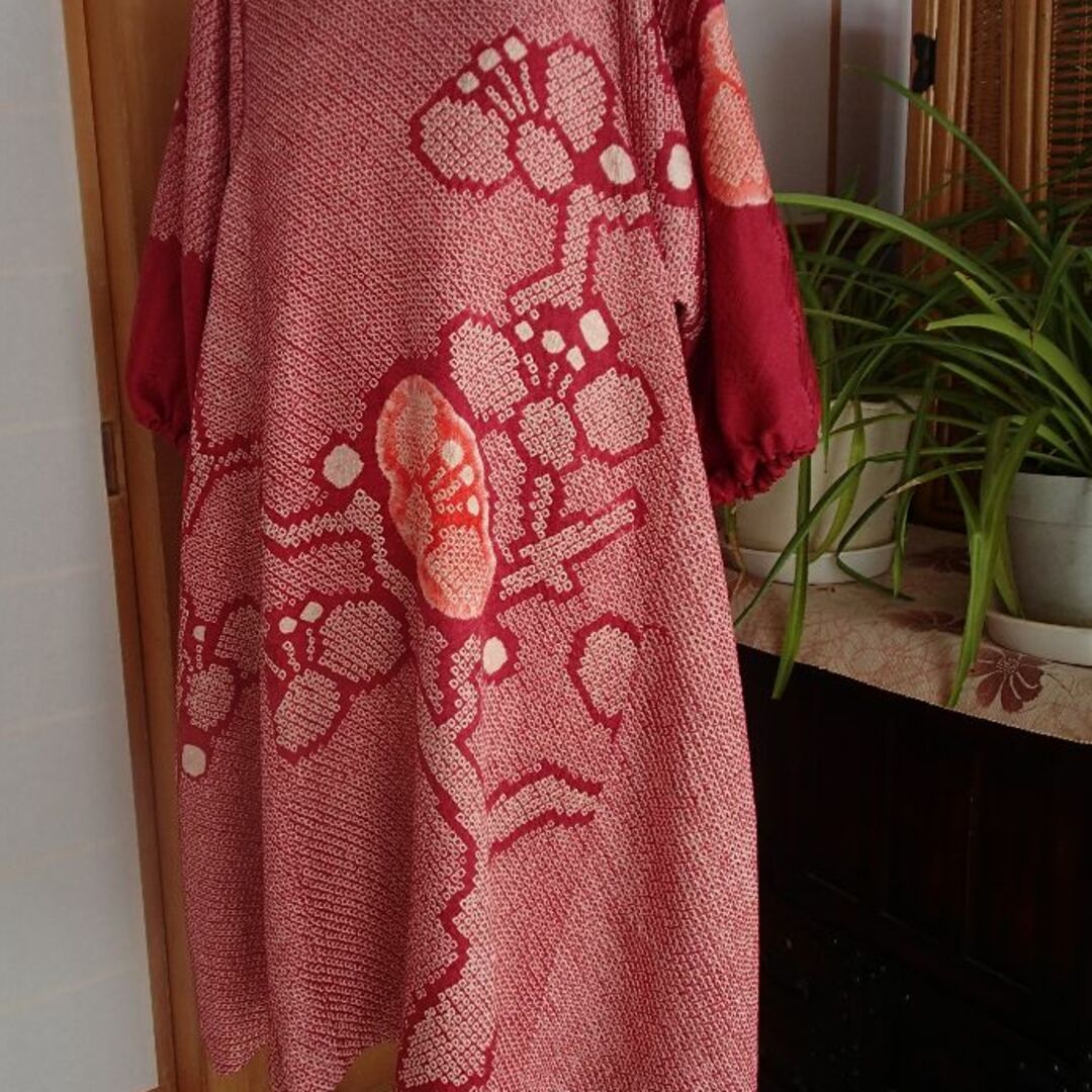 ハンドメイド 着物リメイク 正絹 総絞り ワンピース チュニック ハンドメイド 着物リメイク 正絹 総絞り ワンピース チュニック