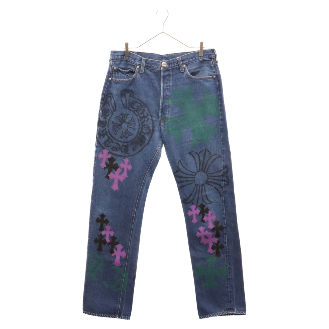 Chrome Hearts(クロムハーツ)のCHROME HEARTS クロムハーツ STENCIL DENIM ステンシル ペイントデザイン クロスパッチ付き デニムパンツ インディゴ 【海外レシート付き】 メンズのパンツ(デニム/ジーンズ)の商品写真