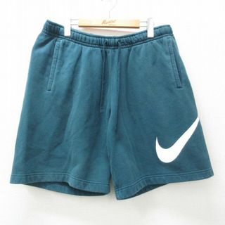 ナイキ(NIKE)のW37★古着 ナイキ NIKE ショート スウェット パンツ ショーツ メンズ ビッグロゴ 青緑 24mar04 中古 ボトムス 短パン ショーパン(ワークパンツ/カーゴパンツ)