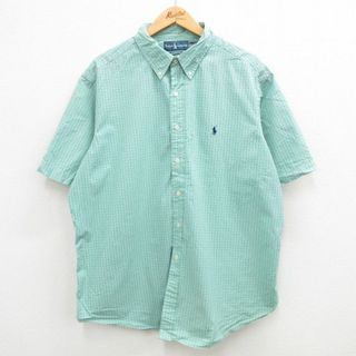 ラルフローレン(Ralph Lauren)のXL★古着 ラルフローレン Ralph Lauren 半袖 ブランド シャツ メンズ 90年代 90s ワンポイントロゴ 大きいサイズ ロング丈 コットン ボタンダウン 薄緑他 グリーン チェック 24feb29 中古 トップス(シャツ)