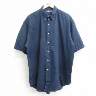 ラルフローレン(Ralph Lauren)のXL★古着 ラルフローレン Ralph Lauren 半袖 ブランド シャツ メンズ 90年代 90s ワンポイントロゴ BLAIRE 大きいサイズ ロング丈 コットン ボタンダウン 紺 ネイビー 24feb29 中古 トップス(シャツ)