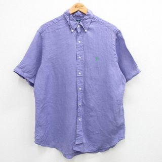 ラルフローレン(Ralph Lauren)のXL★古着 ラルフローレン Ralph Lauren 半袖 ブランド シャツ メンズ 90年代 90s ワンポイントロゴ ロング丈 リネン ボタンダウン 紫 パープル 24mar01 中古 トップス(シャツ)