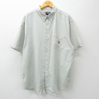 ラルフローレン(Ralph Lauren)のXL★古着 ラルフローレン Ralph Lauren チャップス 半袖 ブランド シャツ メンズ 90年代 90s ワンポイントロゴ シアサッカー 大きいサイズ ロング丈 コットン ボタンダウン 薄緑他 グリーン ストライプ 【spe】 24mar01 中古 トップス(シャツ)