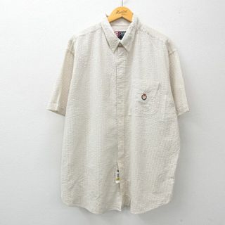 ラルフローレン(Ralph Lauren)のXL★古着 ラルフローレン Ralph Lauren チャップス 半袖 ブランド シャツ メンズ 90年代 90s ワンポイントロゴ シアサッカー 大きいサイズ ロング丈 コットン ボタンダウン デッドストック ベージュ他 カーキ ストライプ 24mar01 中古 トップス(シャツ)